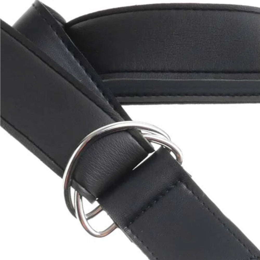 Close up of metal rings used to adjust fitment of black vinyl King Cock strap on harness