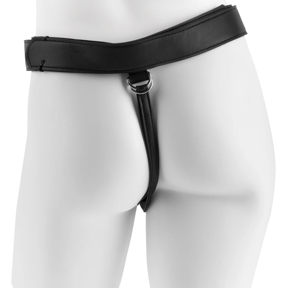 King Cock Strap on harness kit with 6" realistic dildo, back of harness with thong strap, on a mannequinn