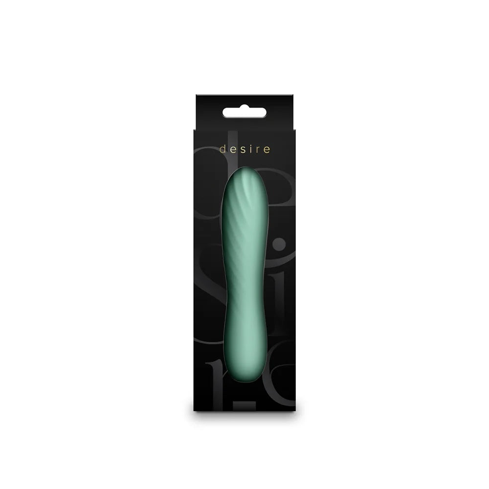 Mint Green Destiny by Desire ribbed silicone wand vibrator in its balck box packaging