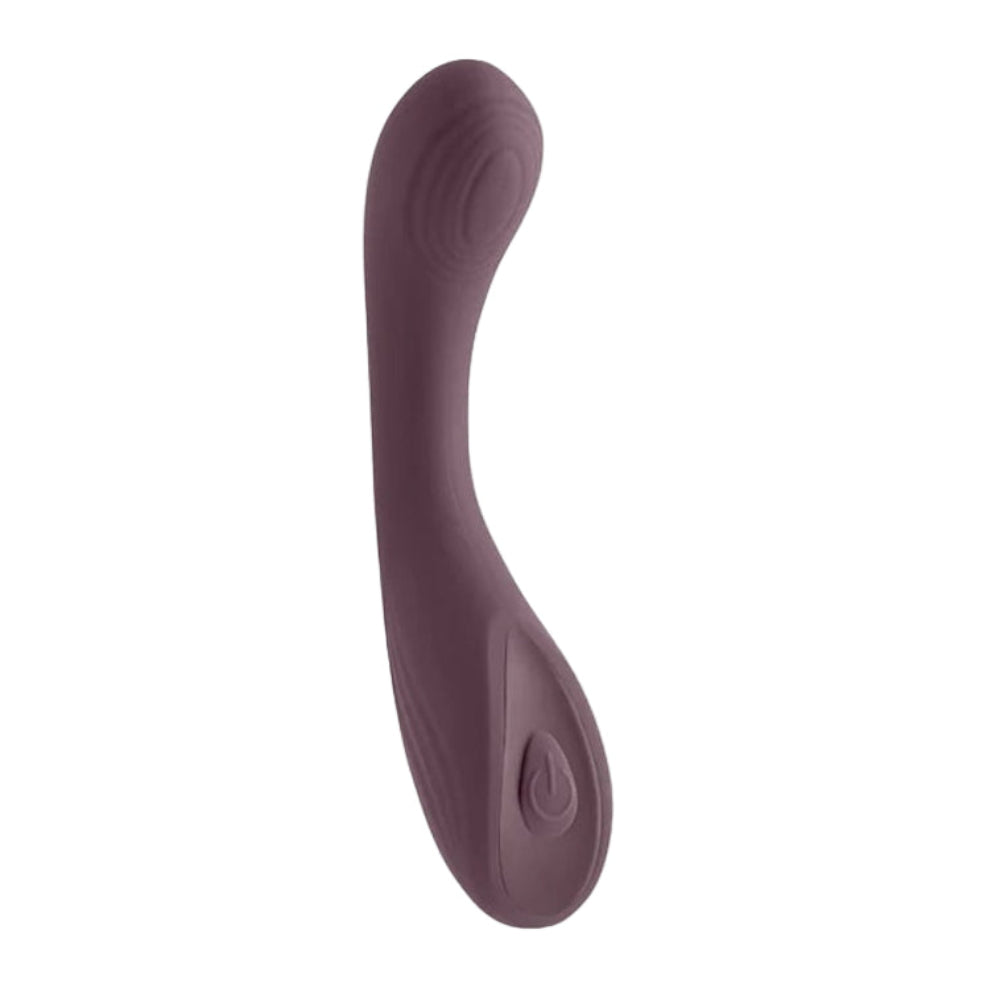 Desire Pure in Gray, rechargeable silicone curved wand style clitoral vibrator from the side