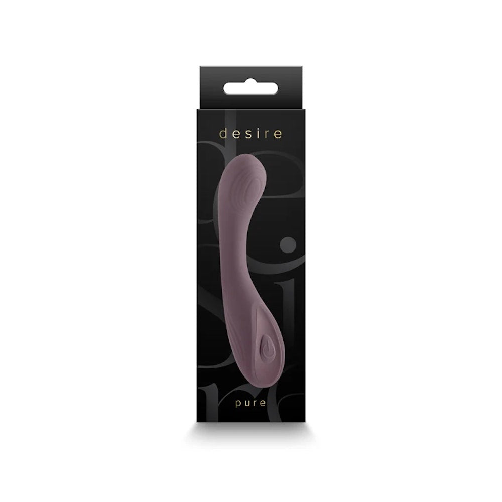 Desire Pure in Gray, rechargeable silicone curved wand style clitoral vibrator in its packaging, a black box
