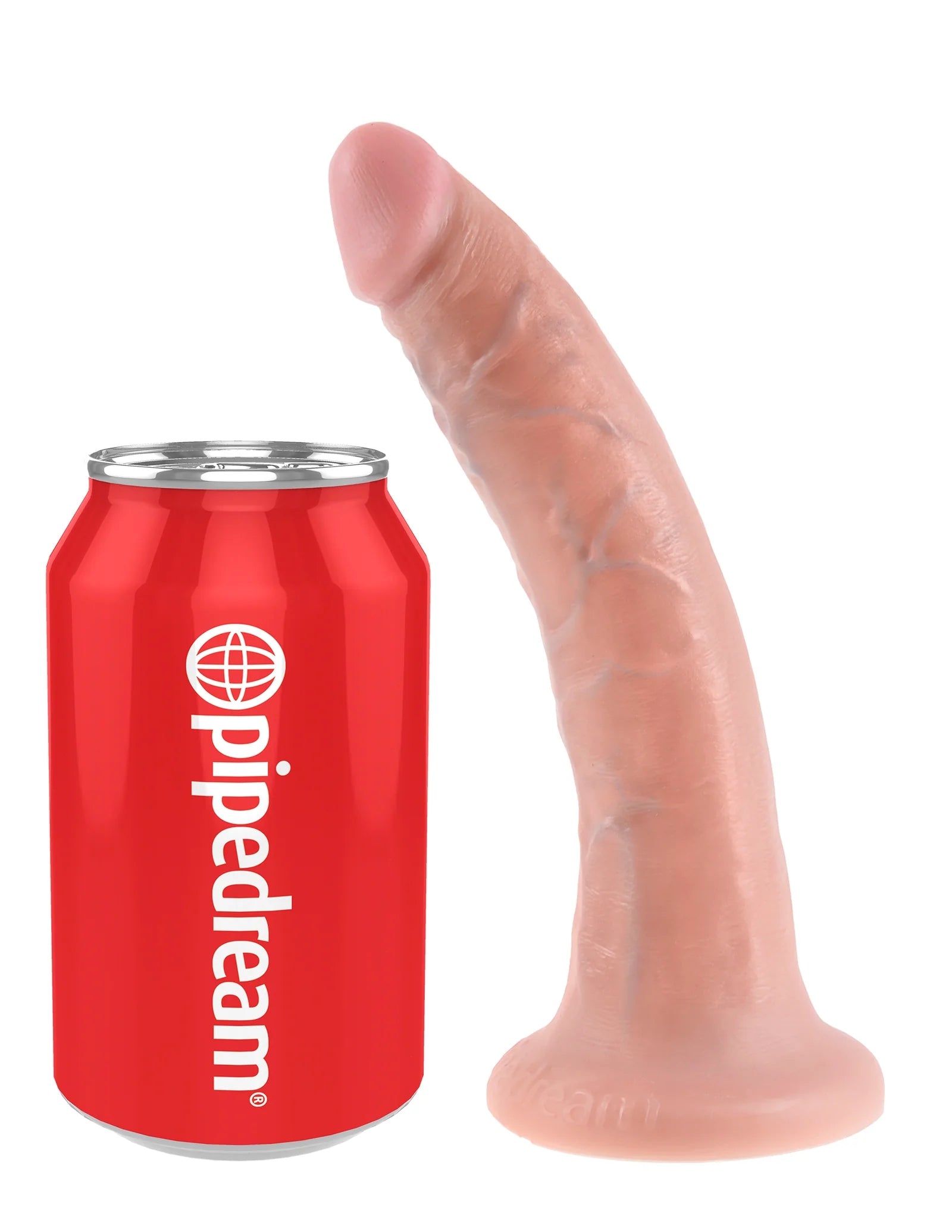 Vanilla 7 inch PVC Real Deal dildo standing on its flat base, seen form the side, next to a soft drink can for size reference