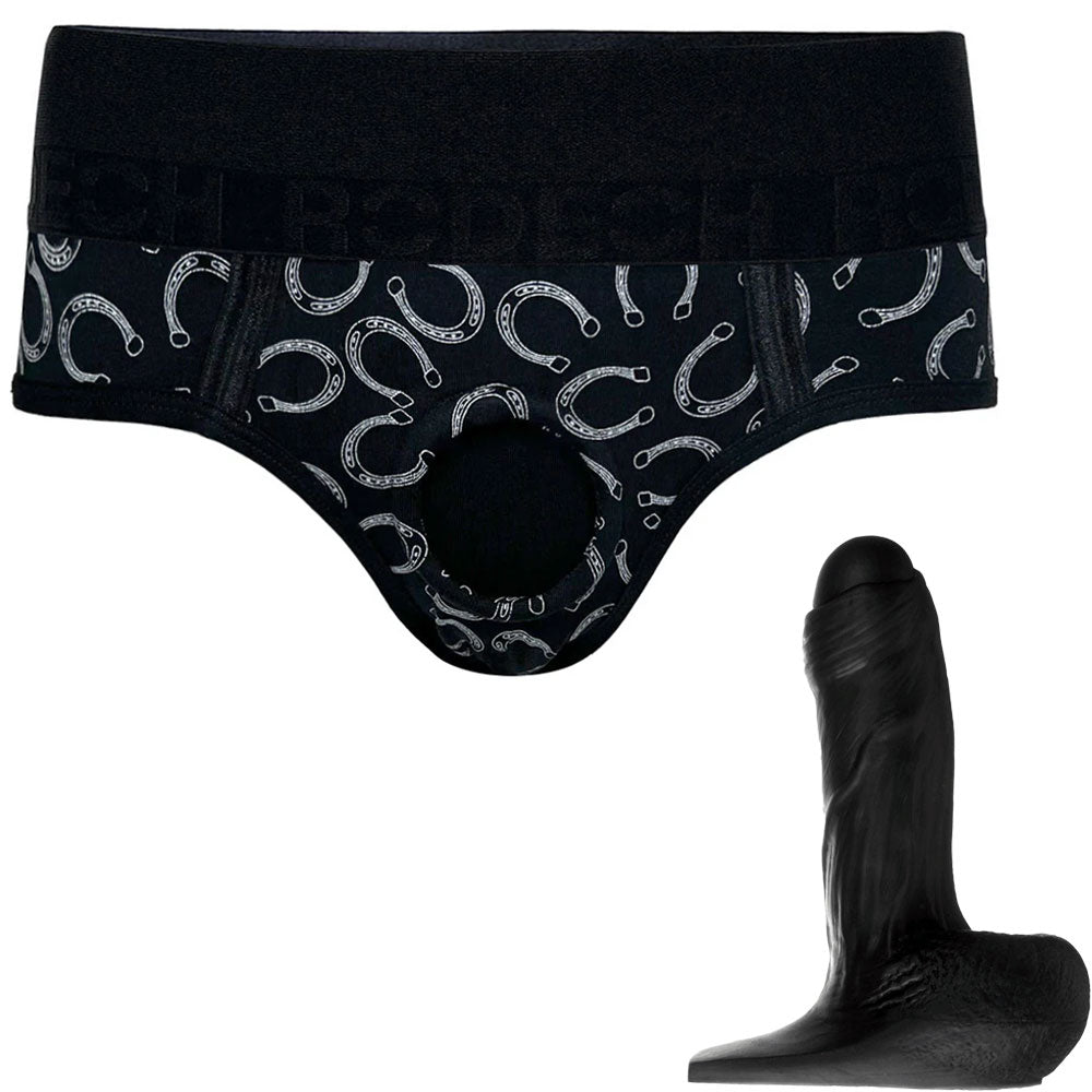 Black Silicone Fornix dildo shown with classic 2.0 brief harness in lucky horseshoes