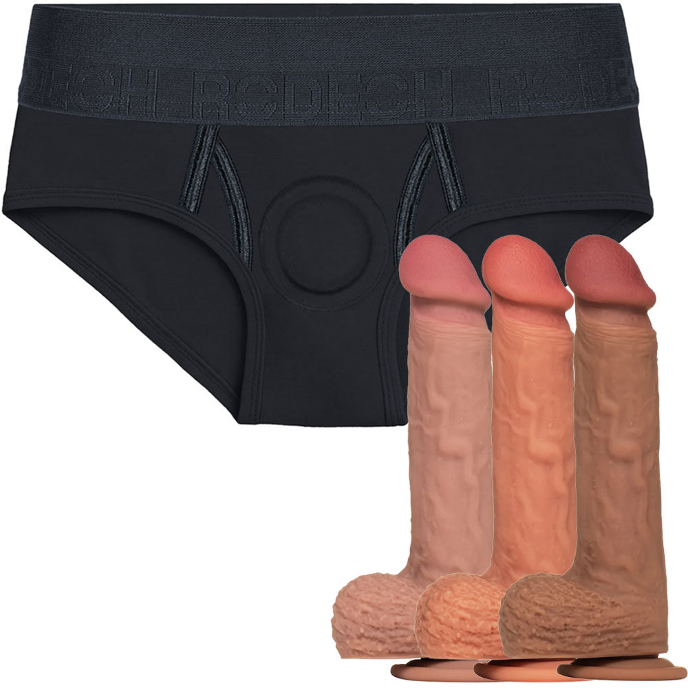 RodeoH 2" Brief Harness in Black, form the front, with all 3 colors of Royal Realistic dildo from the side on their suction cup bases