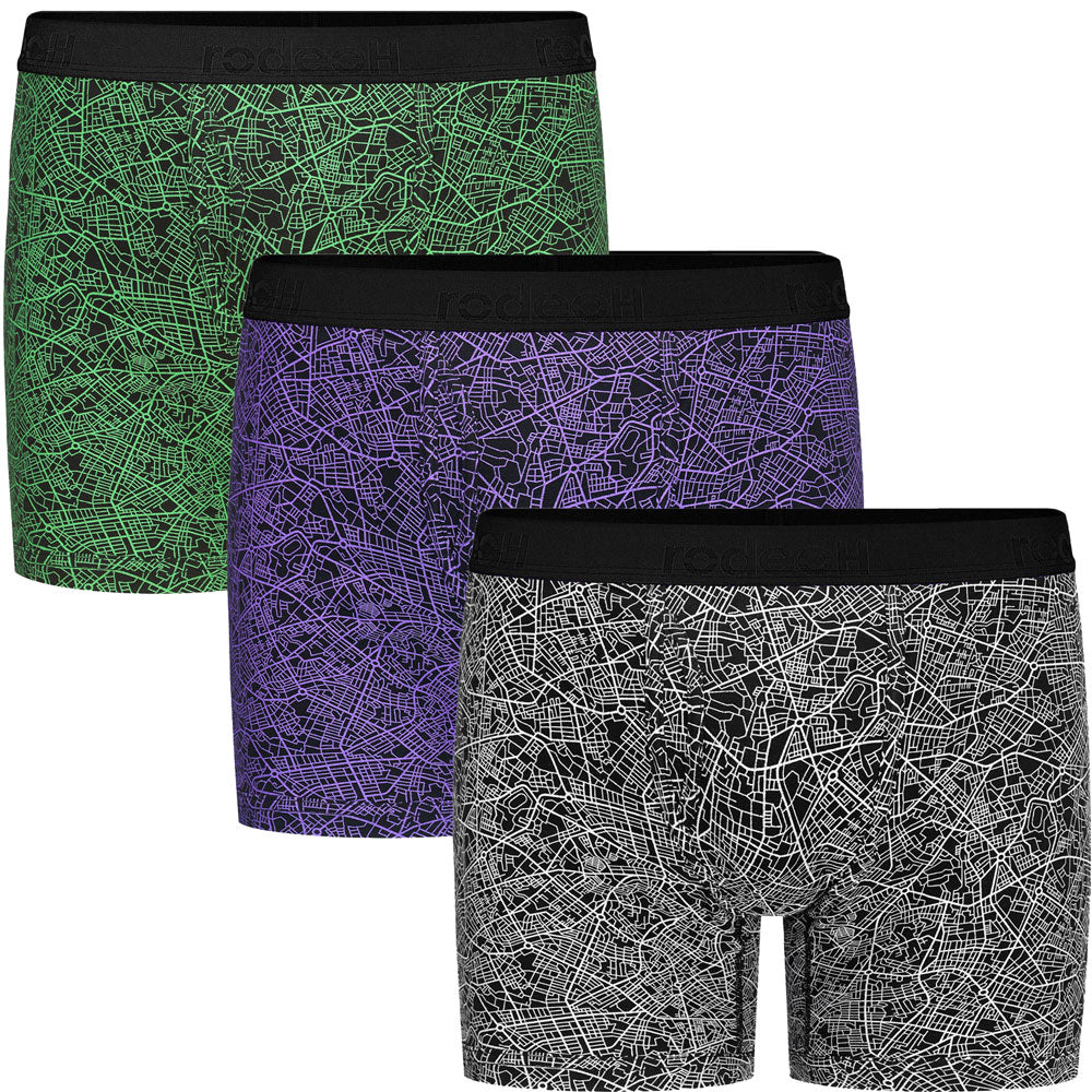 RodeoH Shift 6" inseam gender neutral Boxer brief geotmetric print multipack with black and white, black and purple, and black and green prints