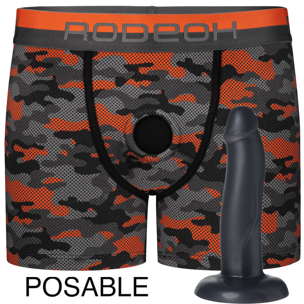 Classic Boxer+ Harness - Orange Camo and Posable 7" Dildo - Black Pearl