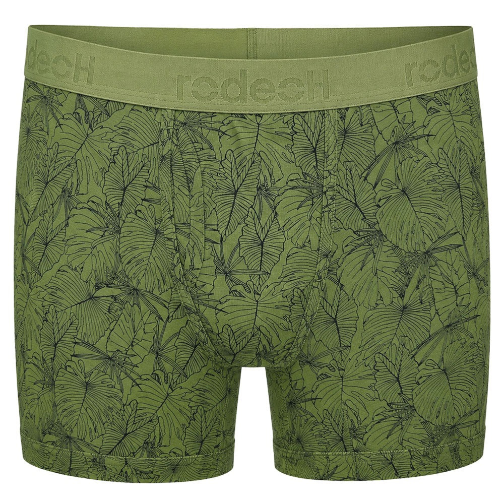 Rodeoh shift Boxer packing underwear with 6 inch inseam, from the front, in green with leaves print