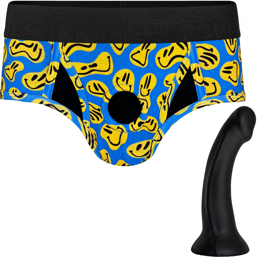 Black Contour silicone dildo from the side, shown with Classic Brief smiley print harness option from the front