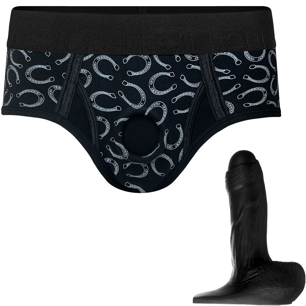 Black Silicone Fornix dildo shown with classic brief harness in lucky horseshoes