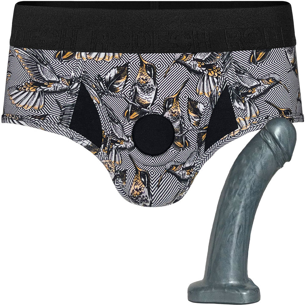 Hummingbirds Brief+ Harness & Pearlescent Steel Silicone Dildo - Package Deal