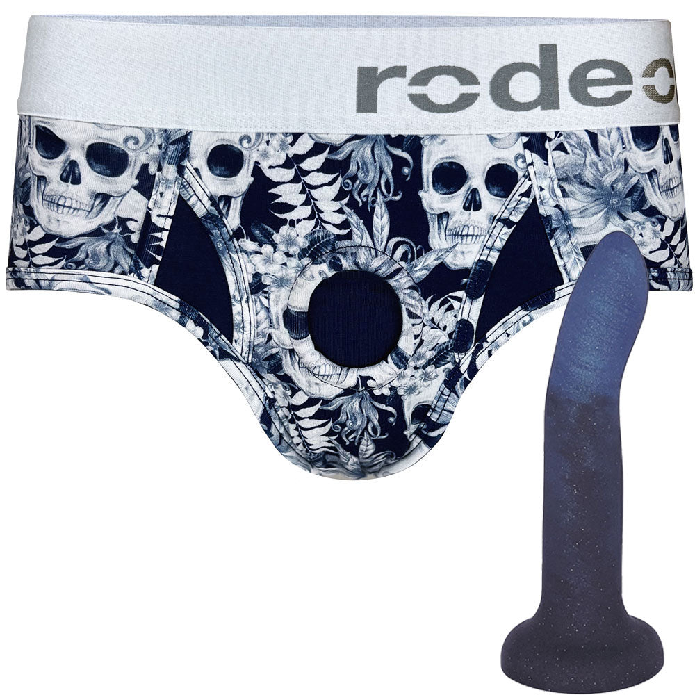 Rory indigo smoke dildo with classic brief options of midnight skulls harnesses from the front