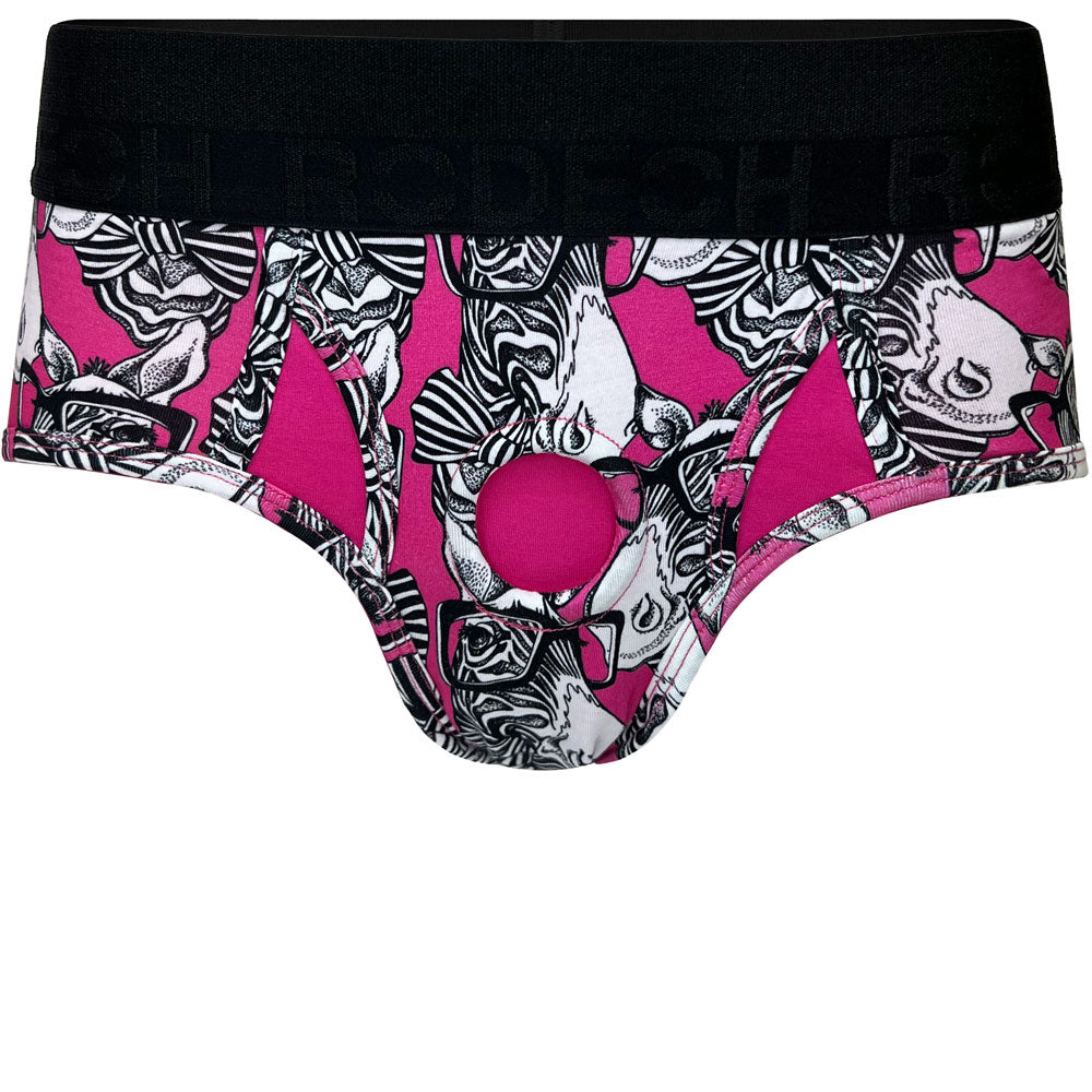 Rodeoh Brief + Harness in punk with black and white zebras in bowties print from the front