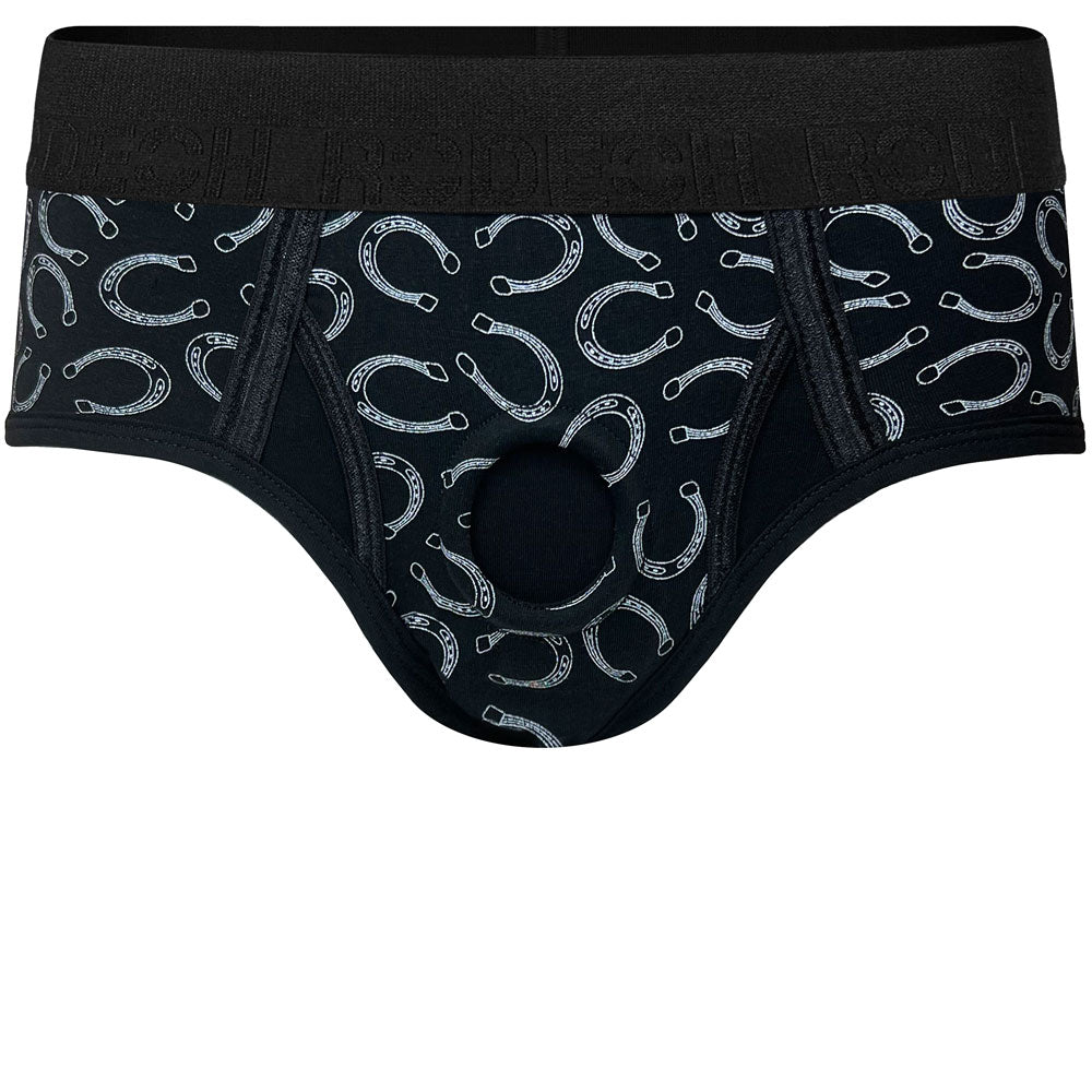 A black brief harness with a lucky horseshoes pattern, featuring a 1.65” O-ring.
