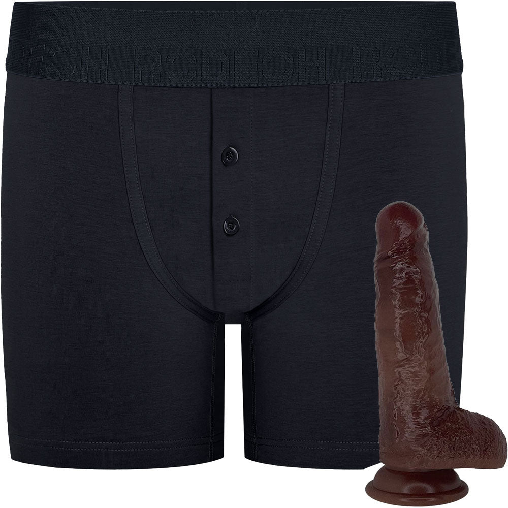 RodeoH Black Button fly boxer harness flat from the front with chocolate color of 6" Slyder dildo shown from the side