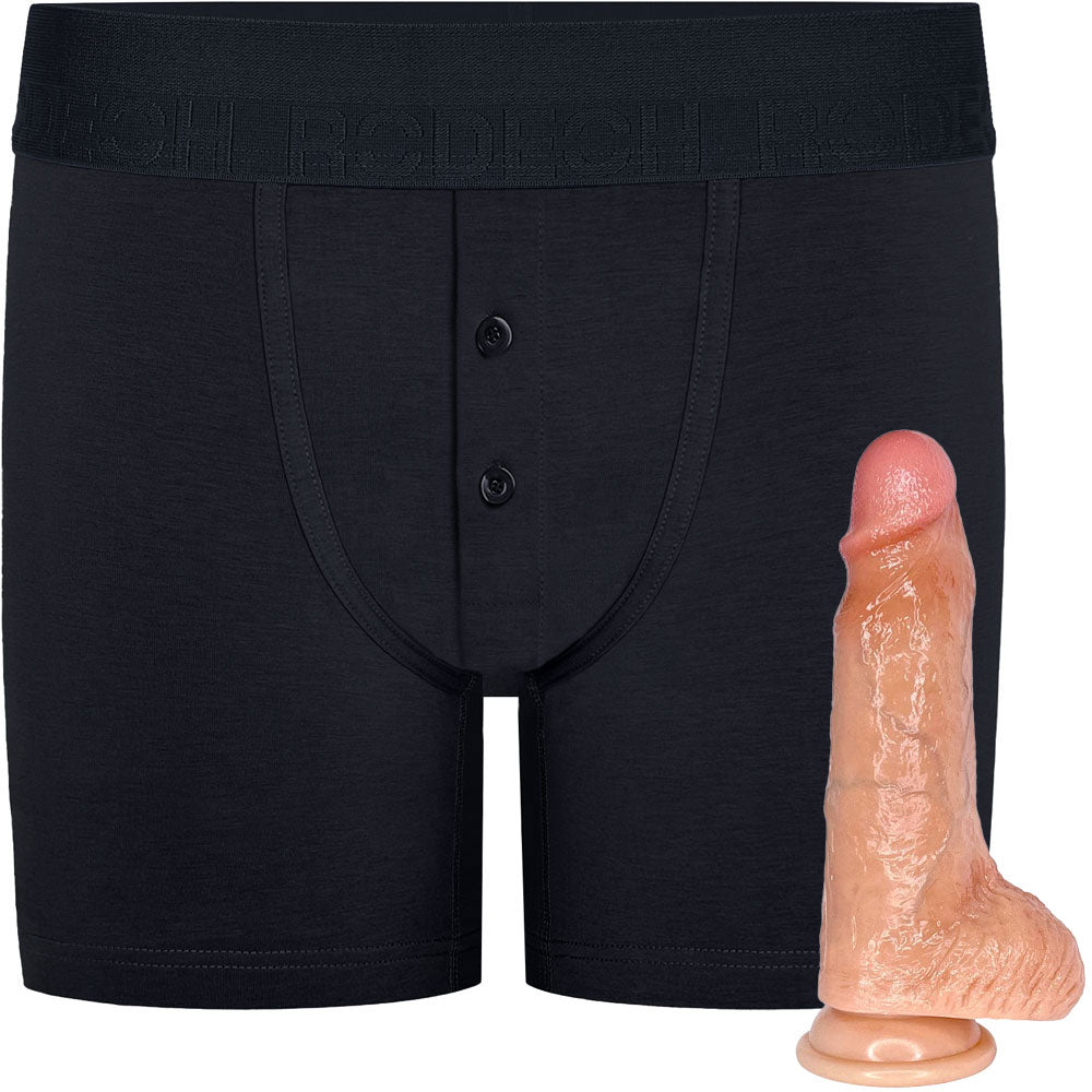 RodeoH Black Button fly boxer harness flat from the front with vanilla color of 6" Slyder dildo shown from the side