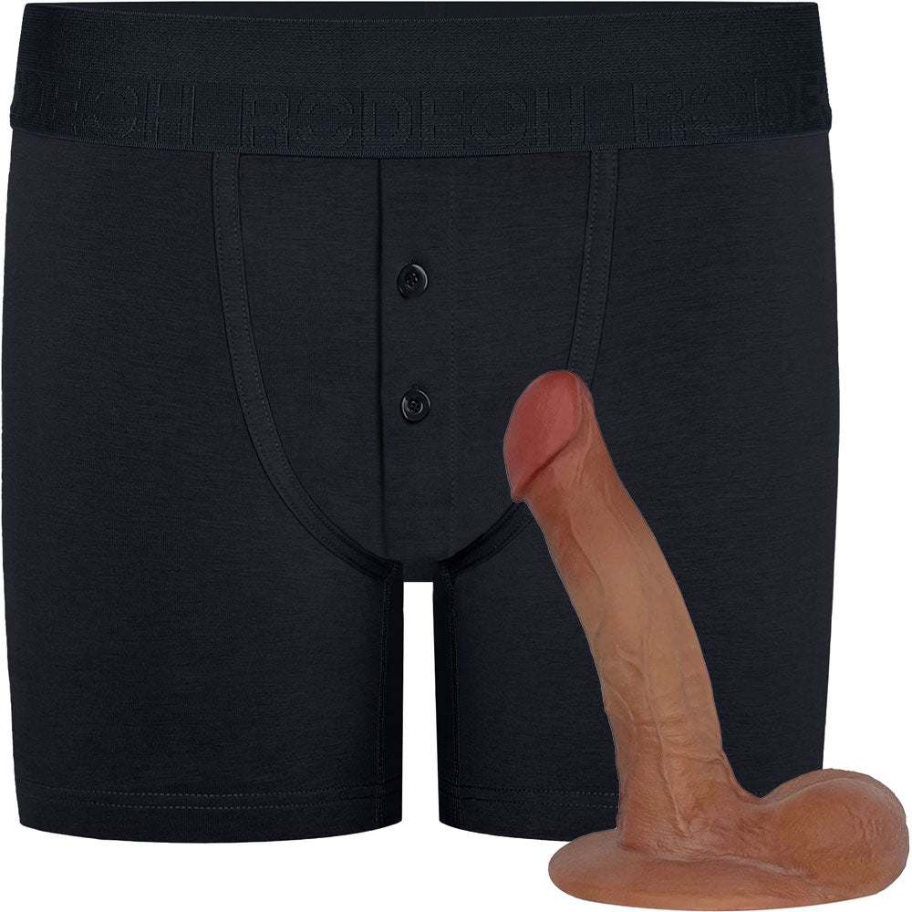 RodeoH Black Button Fly boxer harness, flat from the front, with a caramel color option of 7" slyder from the side, flat on the base