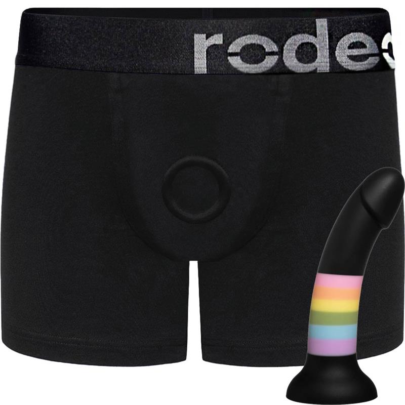 RodeoH Black Boxer+ Harness shown with Sol Prysm silicone dildo