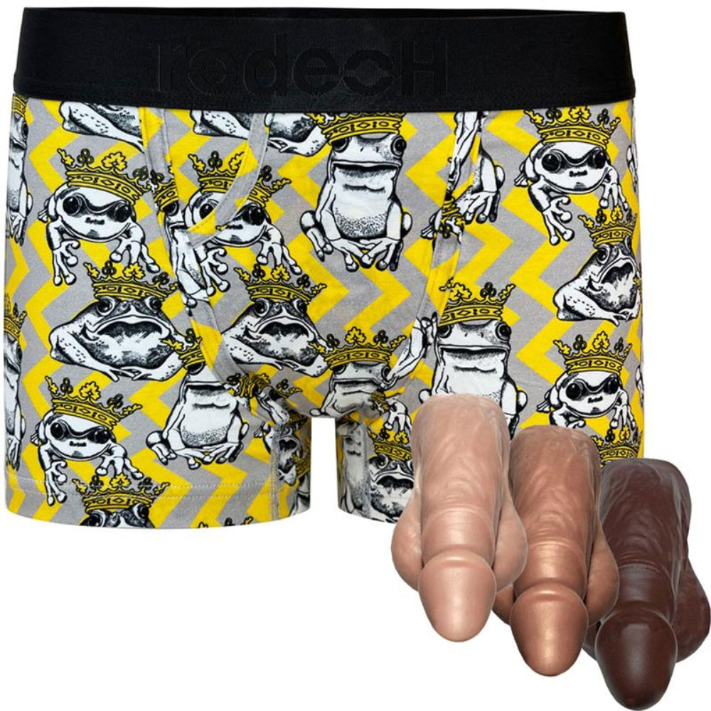 Classic top loading rodeoH packing boxer in yellow and gray Funky frogs print from the front with all three pete silicone packer from the front