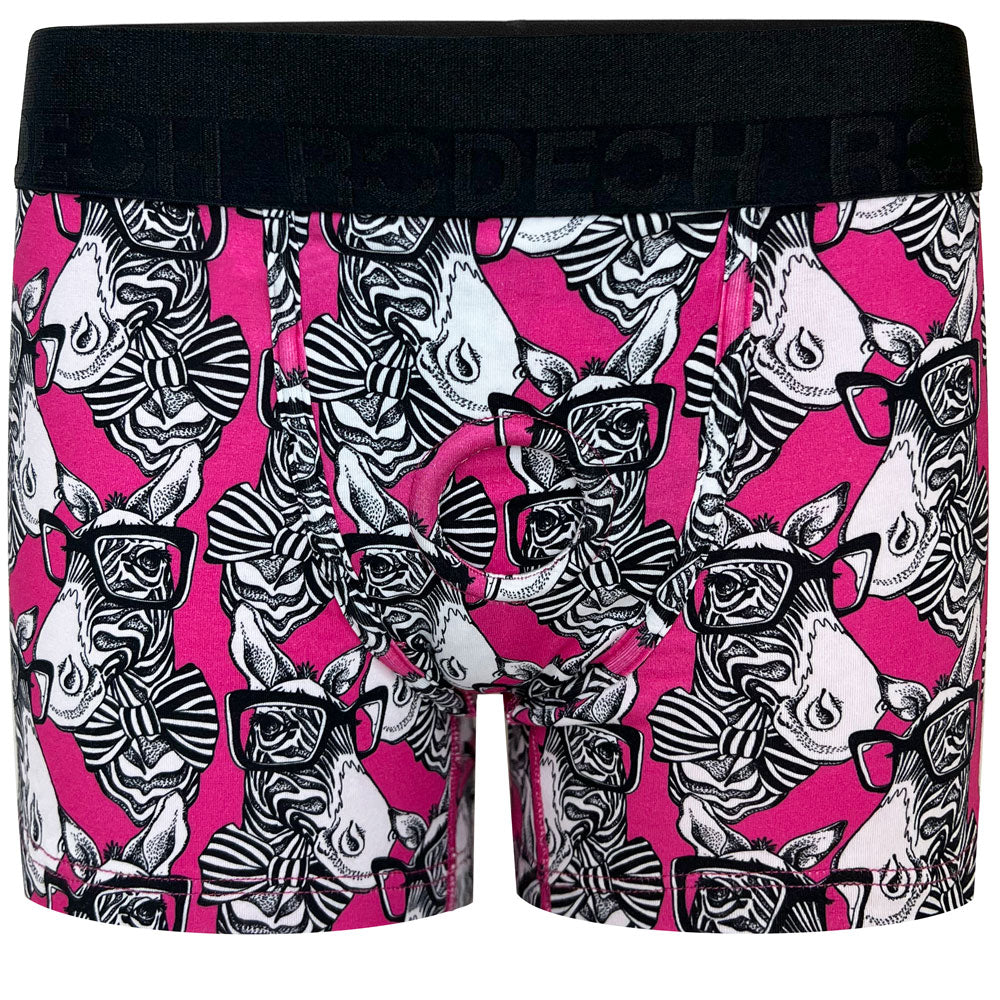 Rodeoh Boxer + Harness in pink with black and white zebras in bowties print from the front