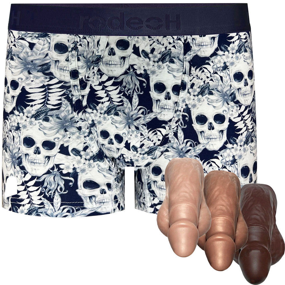 Pete silicone soft packer with classic Top Loading Midnight Skulls boxer, all colors shown in vanilla, caramel, dark caramel and chocolate