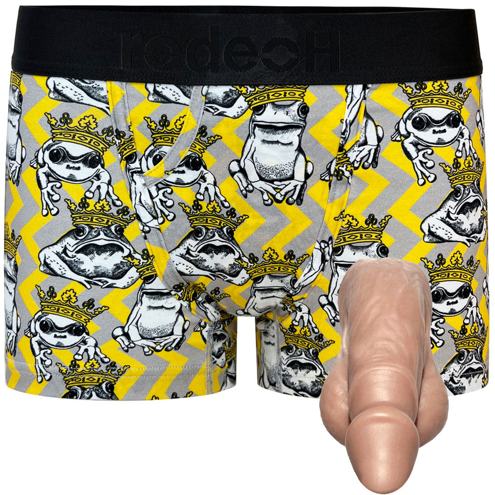Classic top loading rodeoH packing boxer in yellow and gray Funky frogs print from the front with caramel pete silicone packer from the front