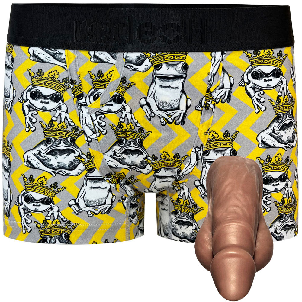 Classic top loading rodeoH packing boxer in yellow and gray Funky frogs print from the front with dark caramel pete silicone packer from the front