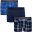 Cool Plaid Classic top loading STM Boxer Packing Underwear 3 Pack with gray and blue plaid, solid navy, and navy blue and dark gray plaid