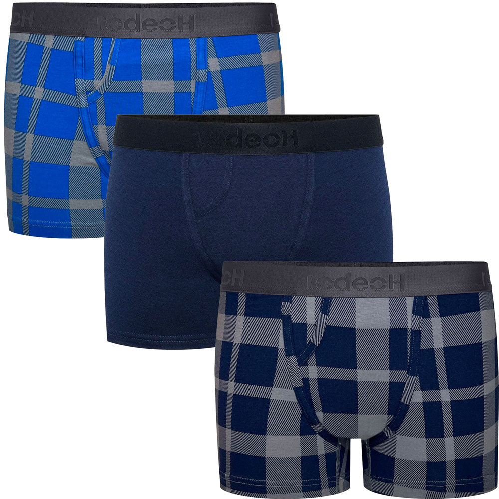 Cool Plaid Classic top loading STM Boxer Packing Underwear 3 Pack with gray and blue plaid, solid navy, and navy blue and dark gray plaid