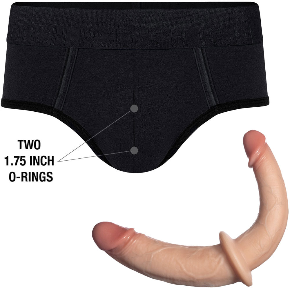 RodeoH Duo Brief Harness from the front flat, with vanilla color double trouble dildo