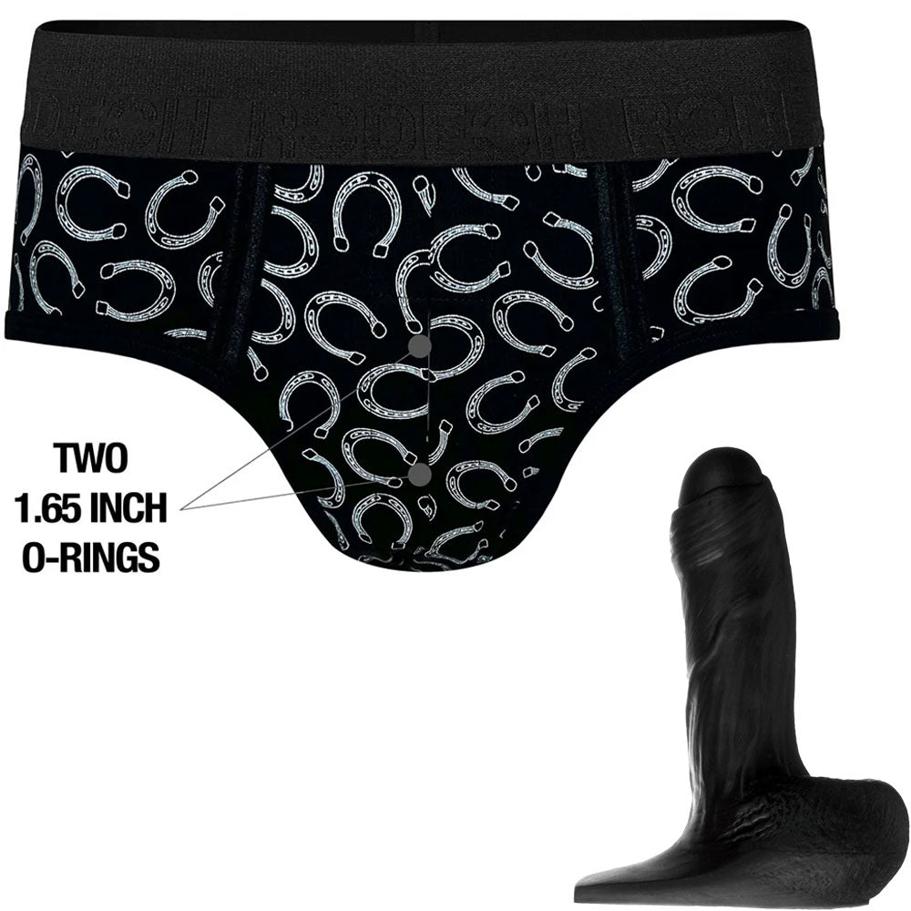 Black Silicone Fornix dildo shown with Duo brief harness in lucky horseshoes