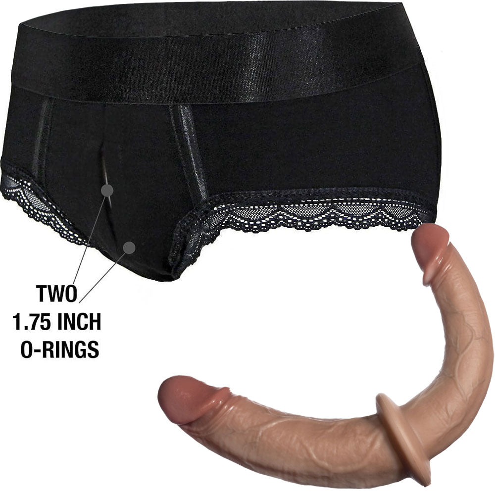 Black Rodeoh duo panty harness and double trouble realistic dildo in caramel