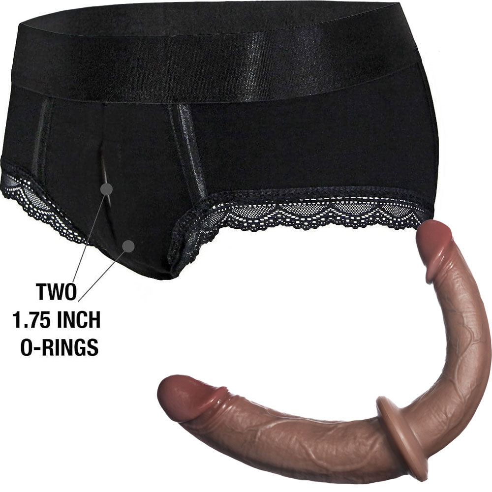 Black Rodeoh duo panty harness and and double trouble realistic dildo in mocha