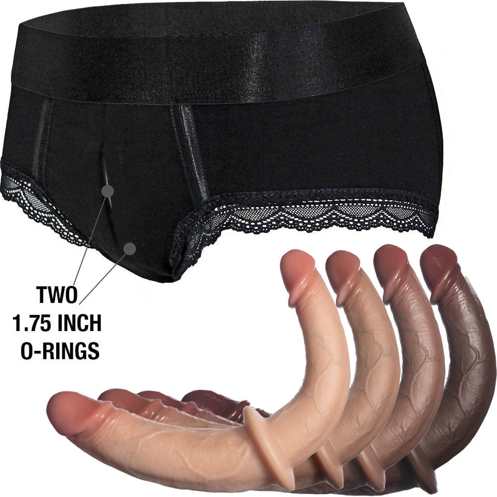 Black Rodeoh duo panty harness with all 4 color options of the double trouble realistic dildo