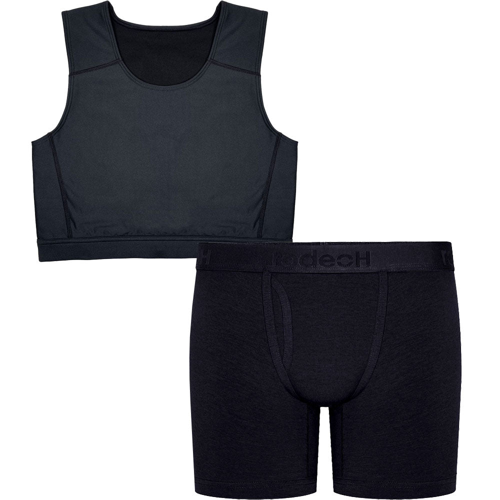 FTM essentials duo set with black compression top from front, and black 6" Top loading boxer from front