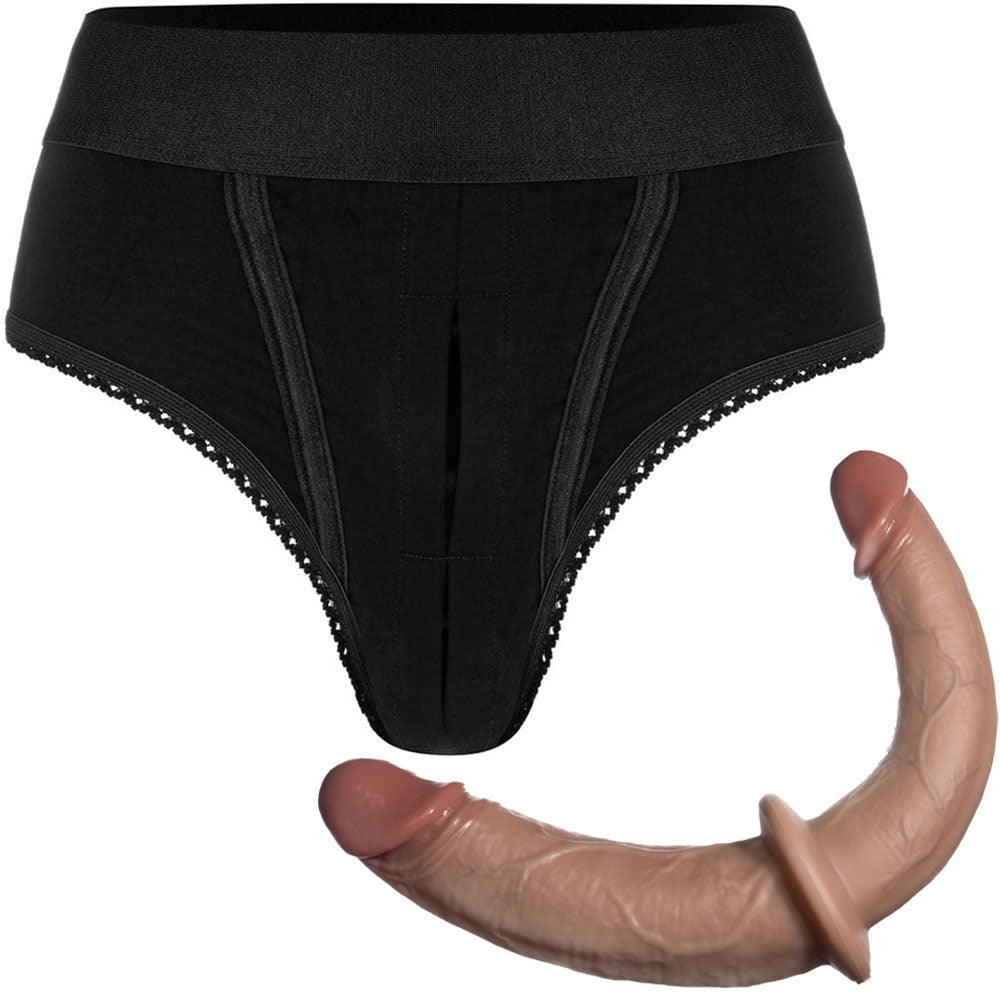 RodeoH High cut panty harness in black flat from the front with caramel color option of double trouble realistic dildo from the side