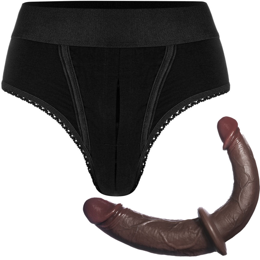 RodeoH High cut panty harness in black flat from the front with chocolate color option of double trouble realistic dildo from the side