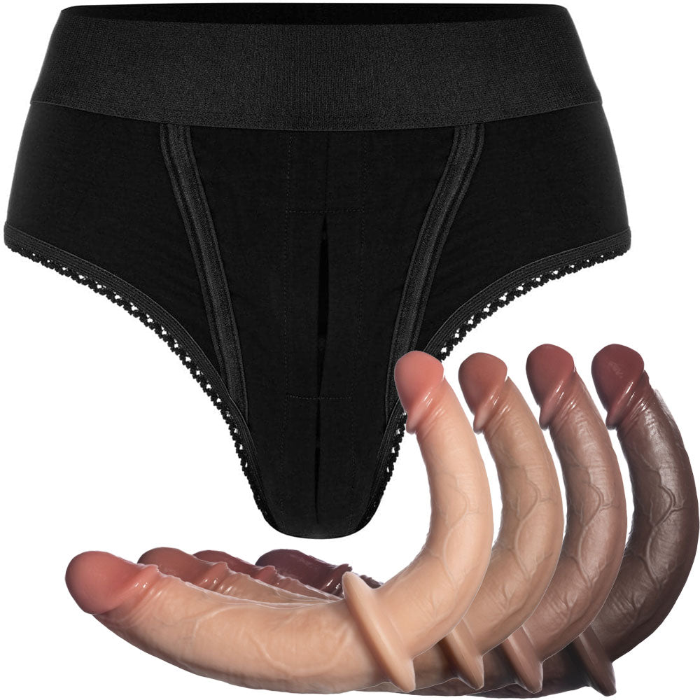 RodeoH High cut panty harness in black flat from the front with all 4 color options of double trouble realistic dildo from the side