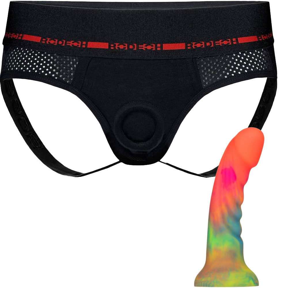Jock Harness & 6" Tease Rainbow Tie Dye Ribbed Silicone Dildo - Package Deal