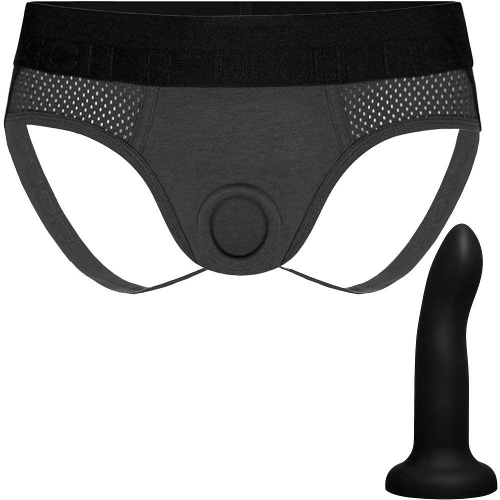Jock Harness Gray and 6" Black Rory Silicone Dildo - Package Deal