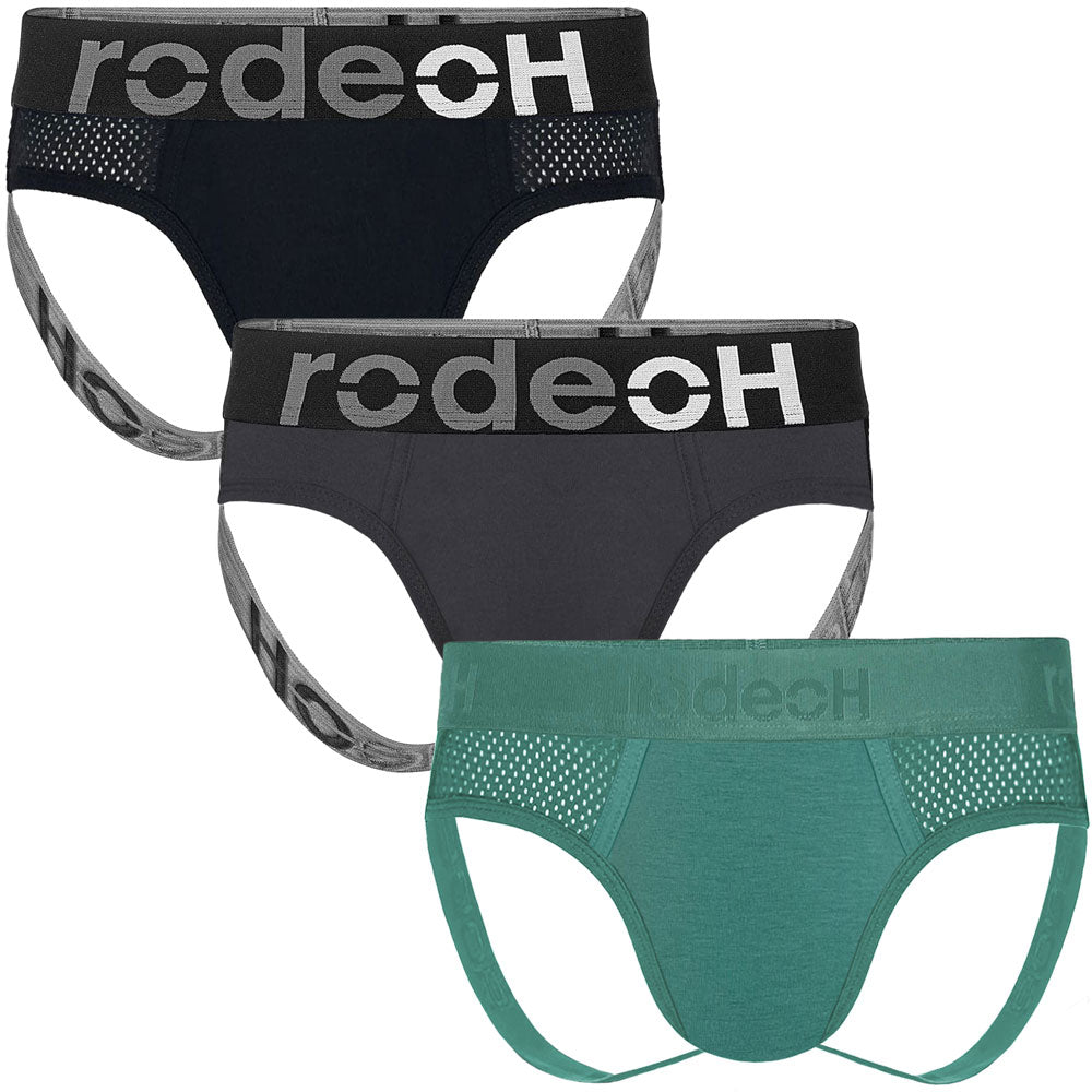 RODEOH PACIFIC CALM SHIFT JOCK UNDERWEAR MULTIPACK WITH BLACK, PACIFIC TEAL AND GRAY JOCK FORM THE FRONT