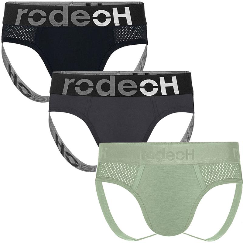 RodeoH Sage and Stone shift jock 3 pack with black, gray and sage green shift jock laid flat from the front