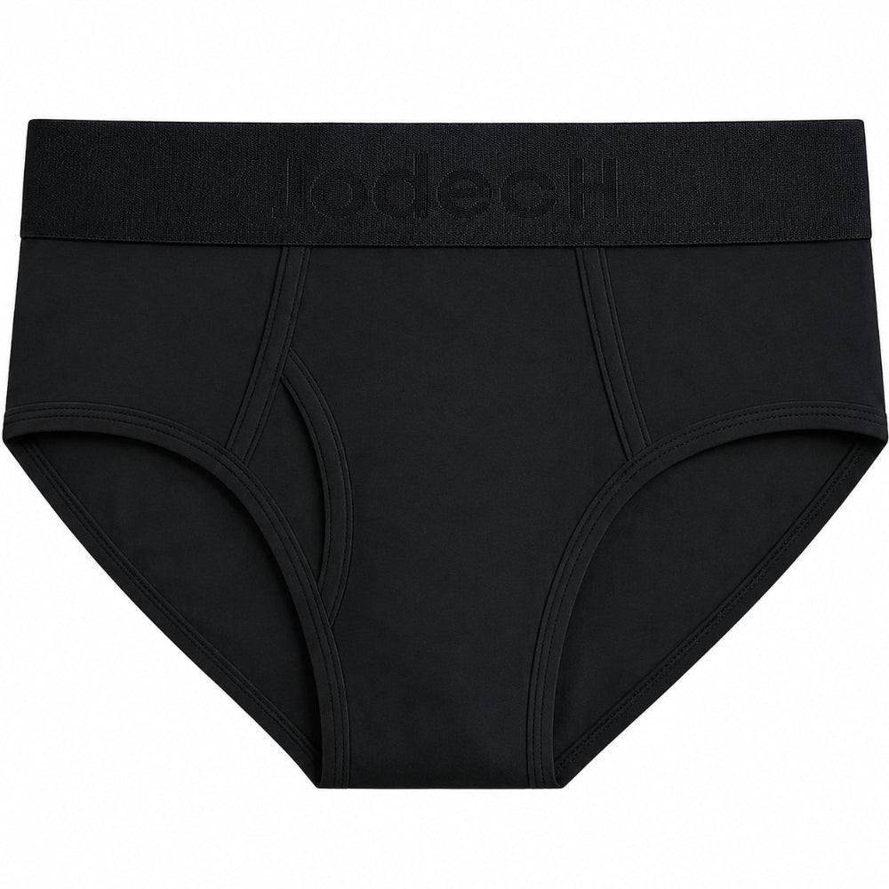 Rodeoh black Fuller coverage shift brief underwear, laid flat from the front,