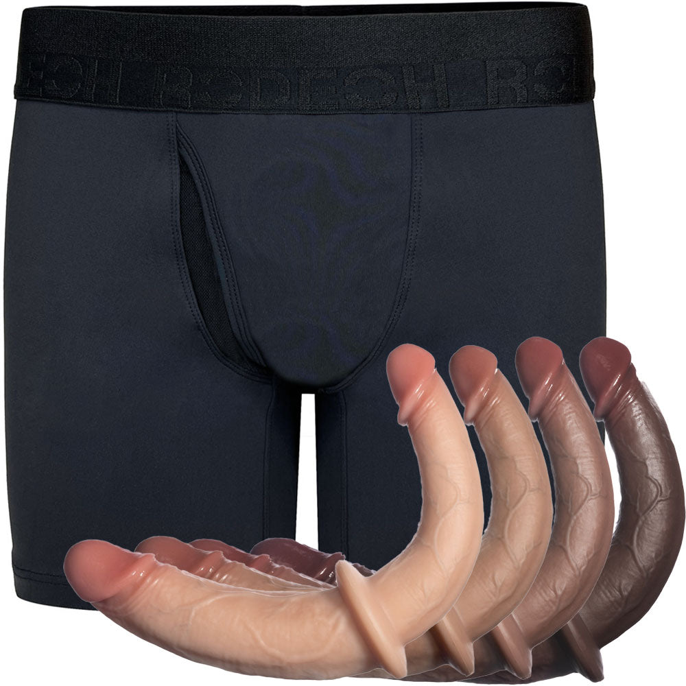RodeoH Luxe swiftfit boxer harness from the front with all 4 color options realistic double trouble dildo from the side