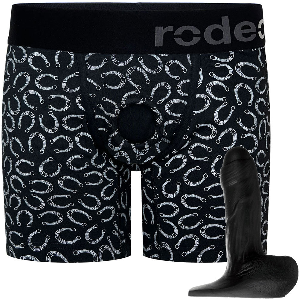Black Silicone Fornix dildo shown with classic rise boxer harness in lucky horseshoes