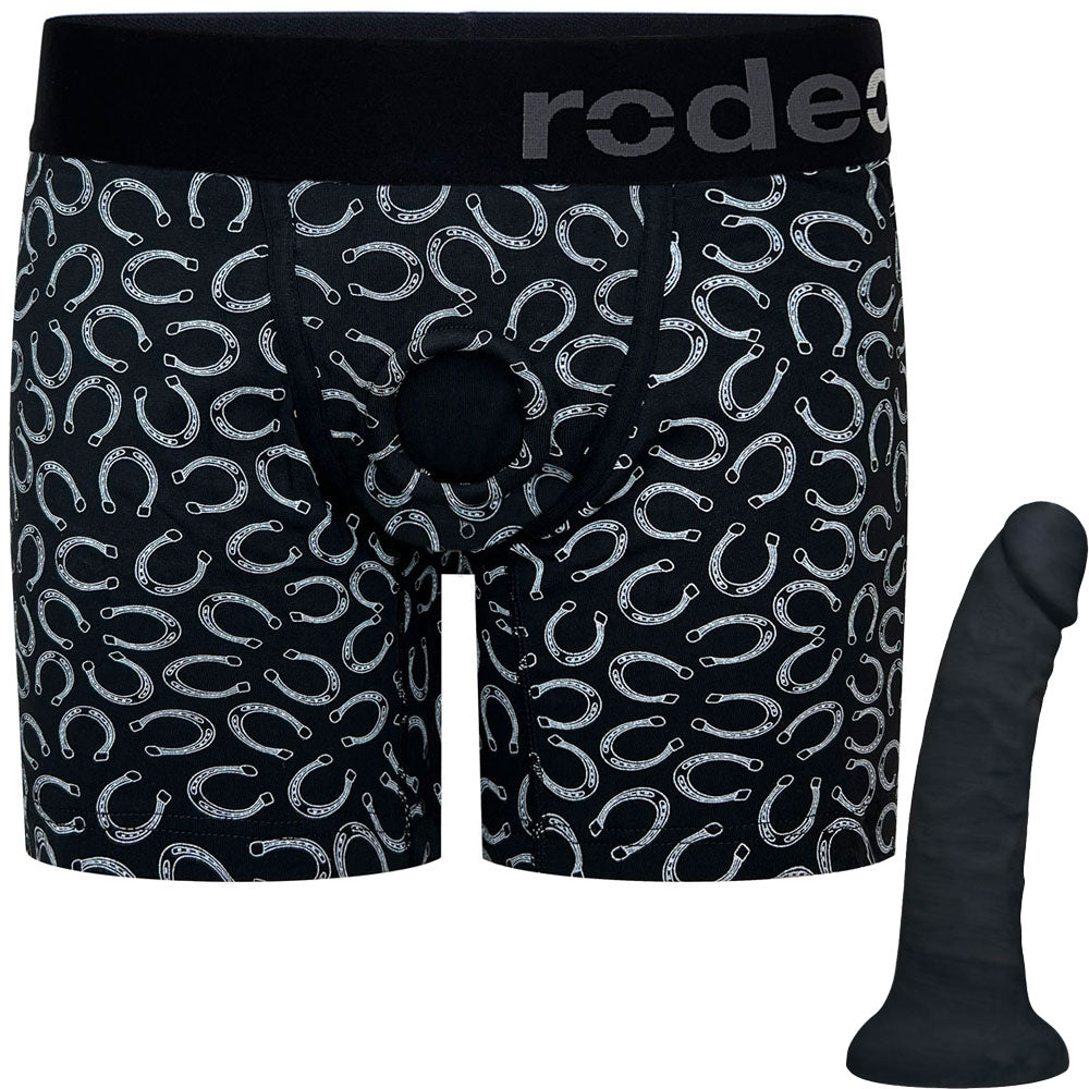 Rise Boxer Lucky Horseshoes with Quinn Silicone Dildo Black - Package Deal