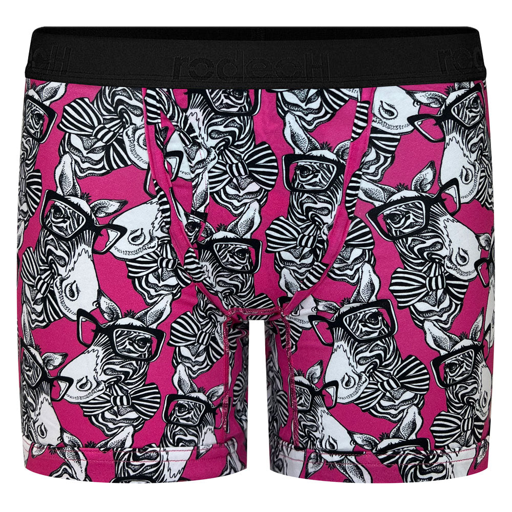 Gender-neutral packer underwear – 1 pair of hot pink with black and white zebras wearing glasses Rodeoh Shift Boxer with a 6-inch inseam, soft waistband, and an optional discreet interior pocket for secure, comfortable packing, designed for nonbinary and trans masc individuals.