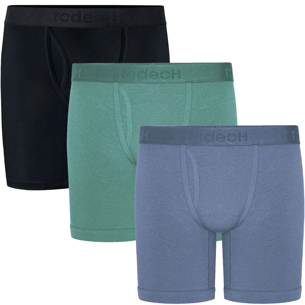 RodeoH Coastal 3 pack of 9" Boxer underwear, with black, pacific teal and slate blue
