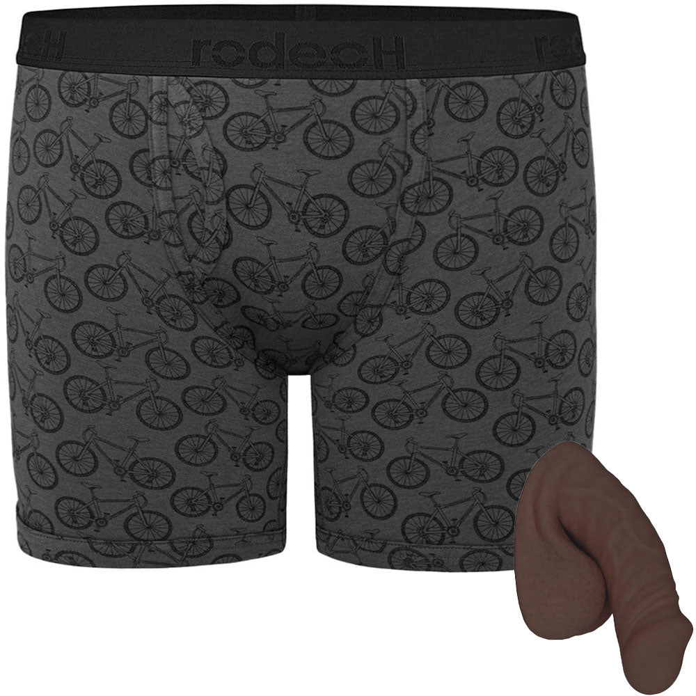 Shift 6" Boxer in gray with bicycles print, laid flat from the front, with chocolate color option of Small freeform packer from the side