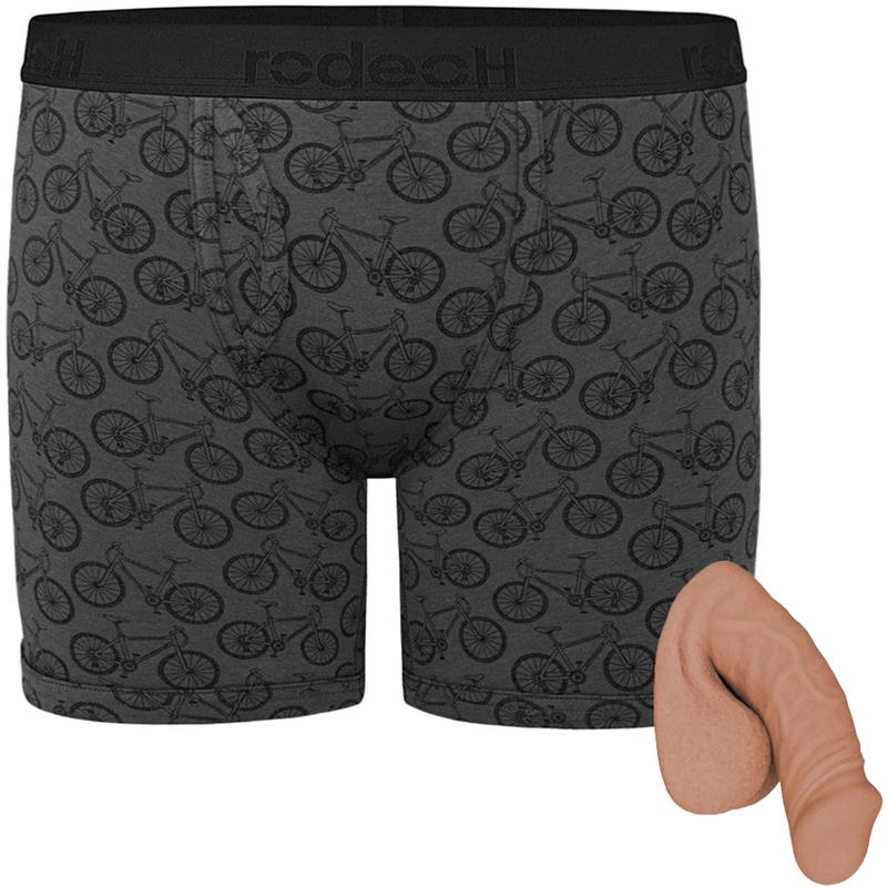 Shift 6" Boxer in gray with bicycles print, laid flat from the front, with light caramel color option of Small freeform packer from the side