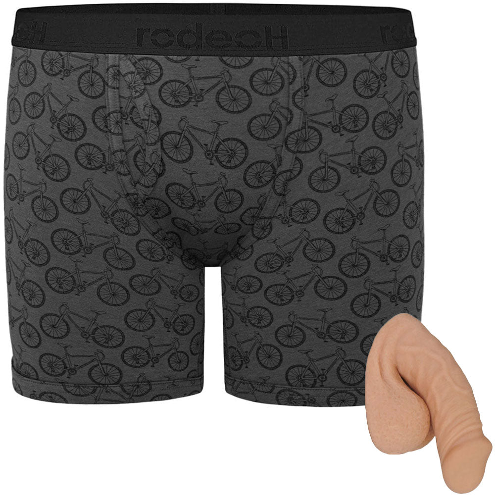 Shift 6" Boxer in gray with bicycles print, laid flat from the front, with vanilla color option of Small freeform packer from the side